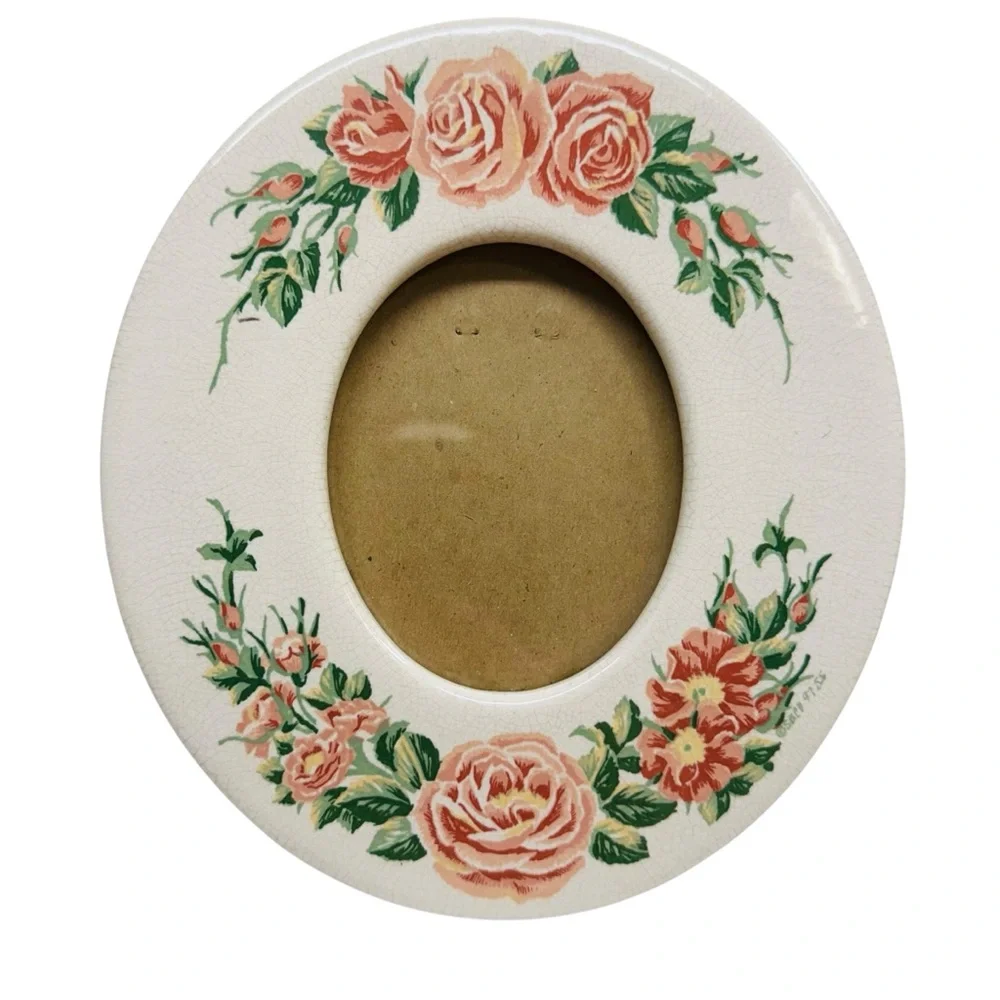 Santa Barbara Ceramic Design Picture Frame 1998 Oval Floral Roses White Signed